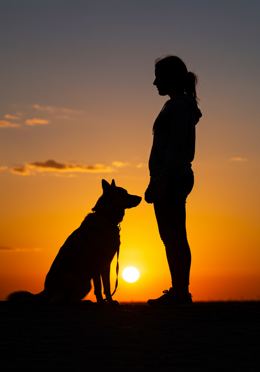 person and dog looking at sunset together