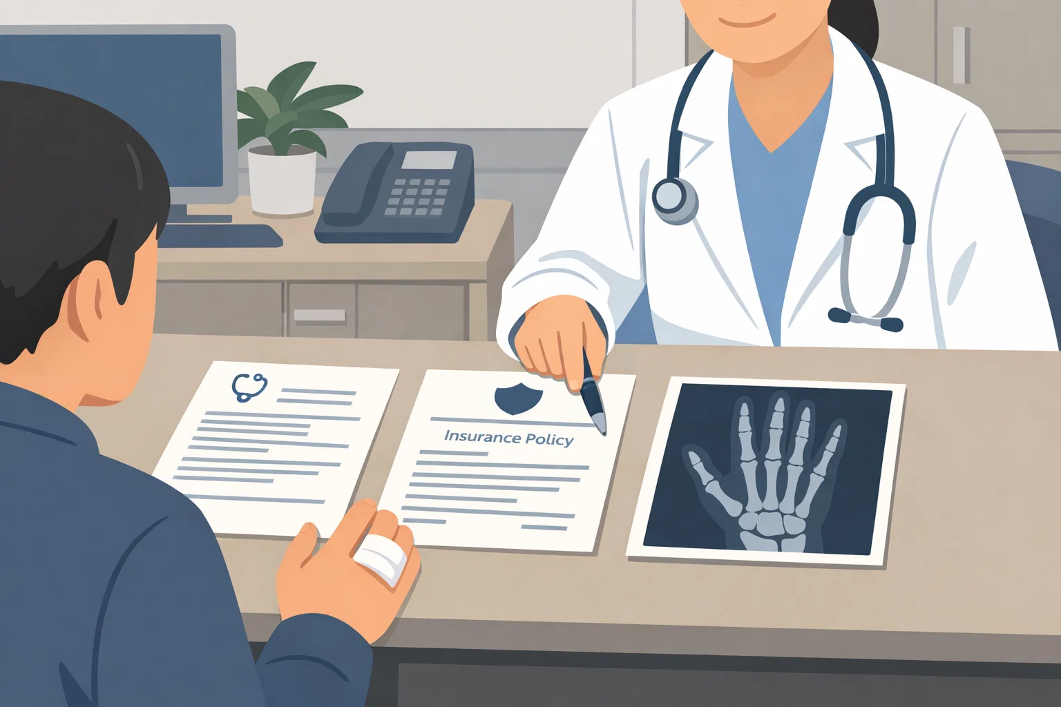 손가락 골절 보험금을 청구할 때 진료 서류와 보험증권 기준을 함께 확인해 보장 구분을 판단하도록 설명하는 이미지