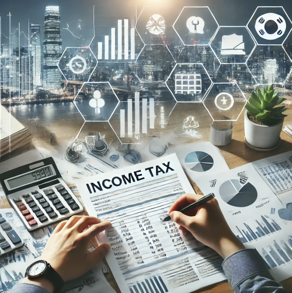 소득세 검토와 금융 차트가 포함된 사무실 장면.