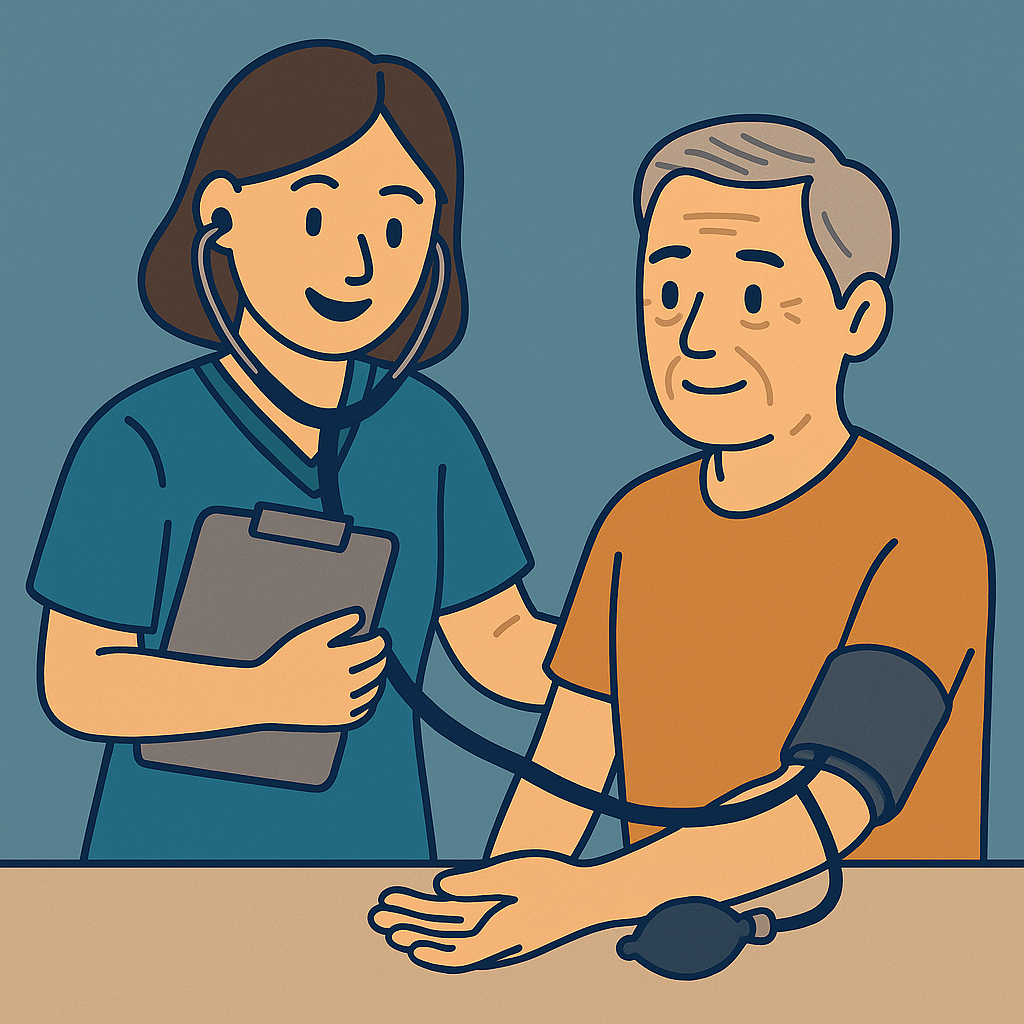 평면 벡터 스타일 일러스트: 연한 청록색 배경 앞에서 간호조무사 복장을 한 여성이 청록색 카테터를 들고 남성 환자의 팔목에 혈압 측정 커프를 감싸고, 청진기로 심박을 듣고 있으며, 옆에는 체온계를 든 또 다른 수강생이 대기 중인 모습