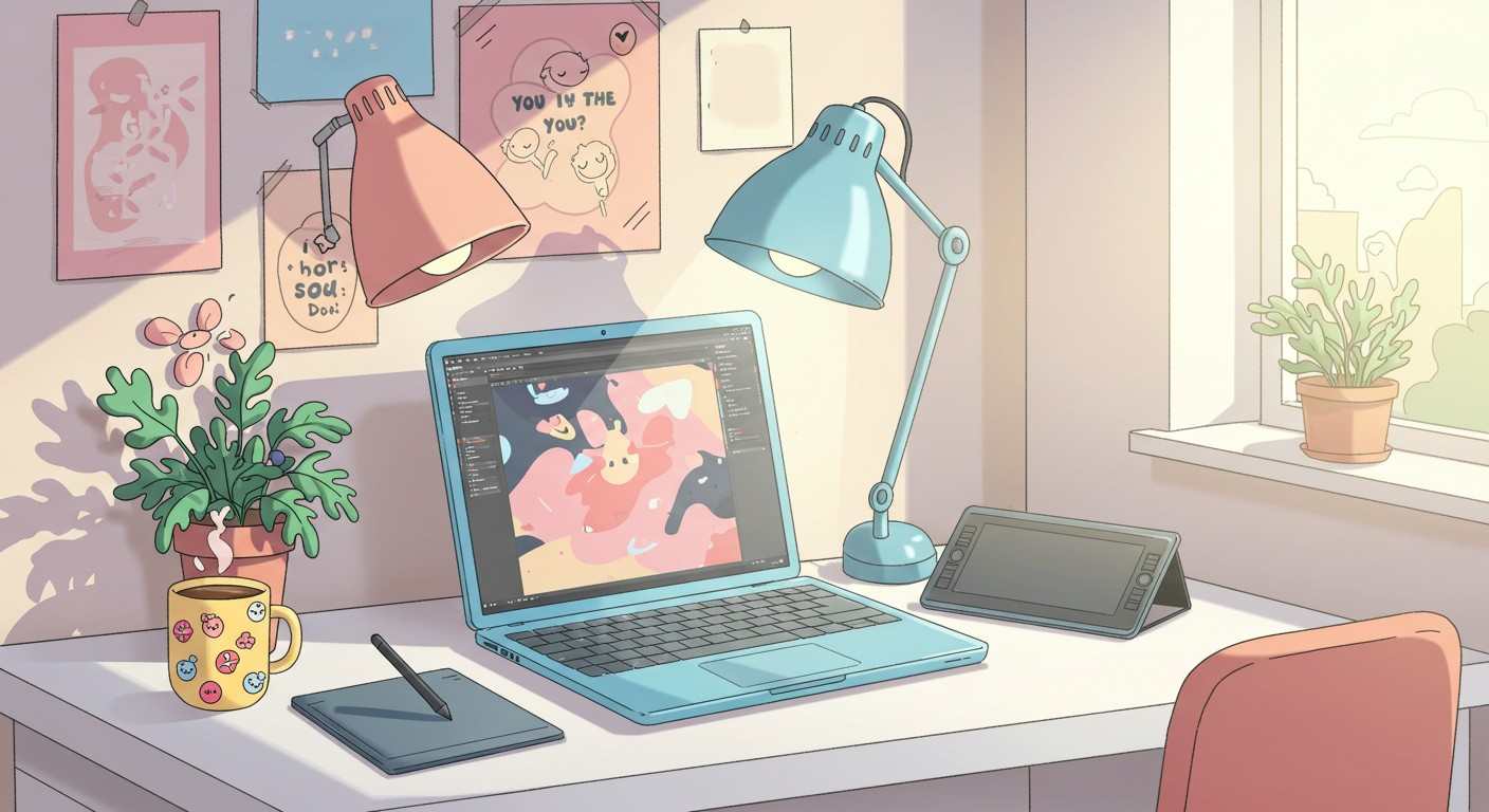 Cute cartoon-style workspace with laptop, coffee mug, drawing tablet, and aesthetic posters — symbolizing digital creativity for MZ jobs.
