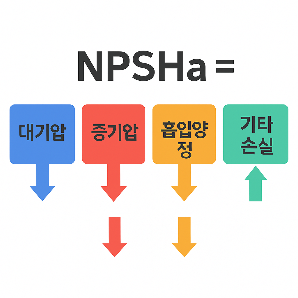 Infographic in Korean illustrates the components of Net Positive Suction Head Available (NPSHa) with arrows representing the effect of atmospheric pressure, vapor pressure, suction lift, and other losses