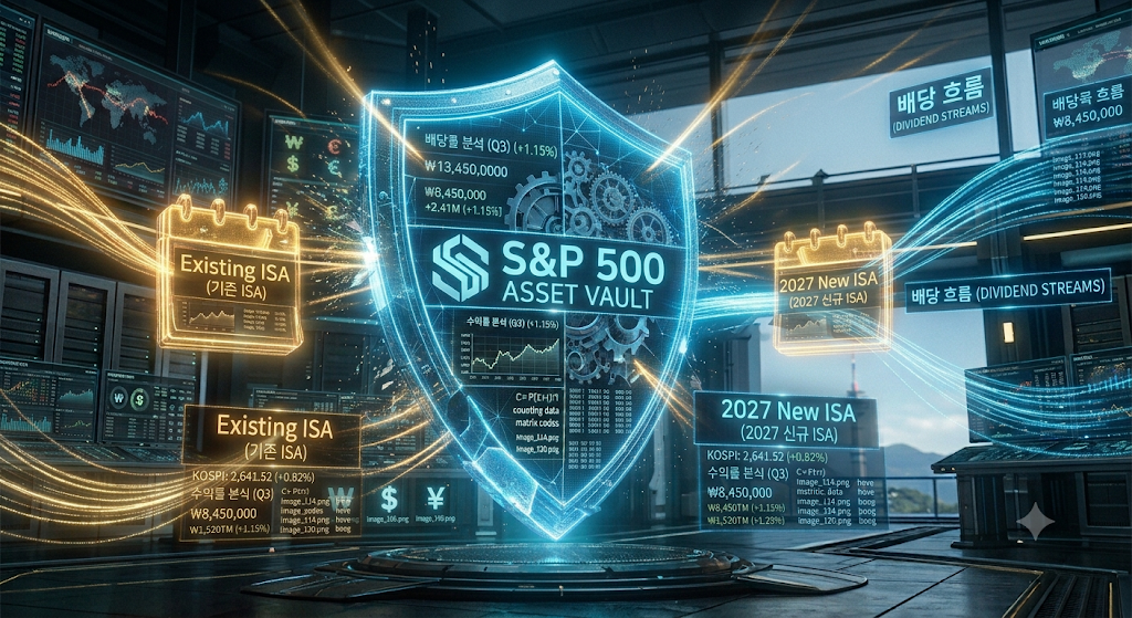 기존 일반 ISA 계좌 해지를 완전 차단하고 미국 S&P 500 절세 진지를 사수하며 2027년 생산적 금융 ISA와 듀얼로 탑재하는 하이테크 금융 그래픽