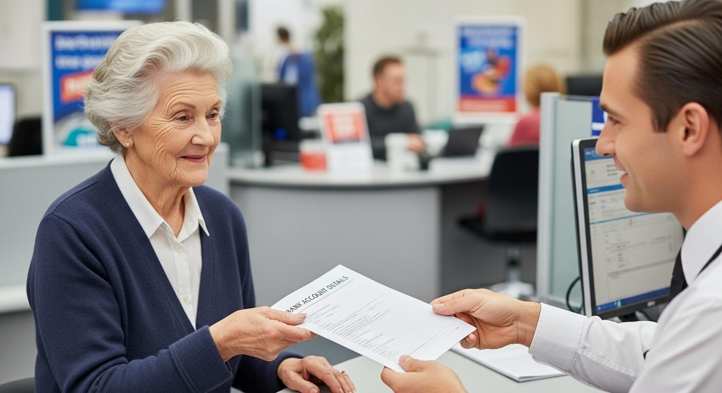창구에서 고령 여성이 직원에게 은행 계좌 서류를 건네는 장면