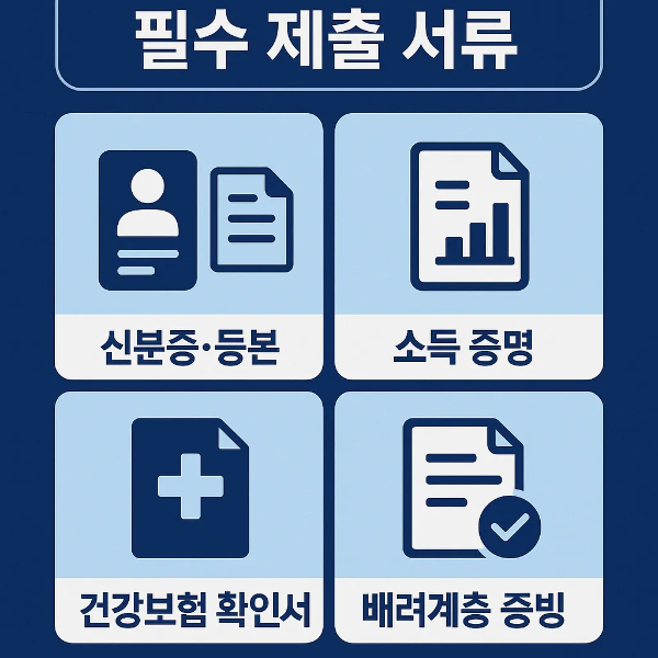 청년햇살론 대출 신청 시 필요한 신분증, 등본, 소득 증명, 건강보험 확인서, 배려계층 증빙 자료를 정리한 인포그래픽