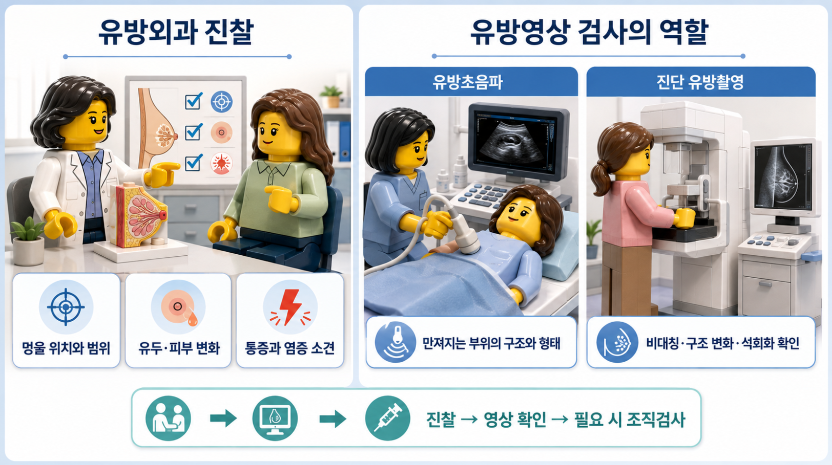 유방외과 진찰과 유방초음파·진단 유방촬영의 역할을 비교한 의료 인포그래픽