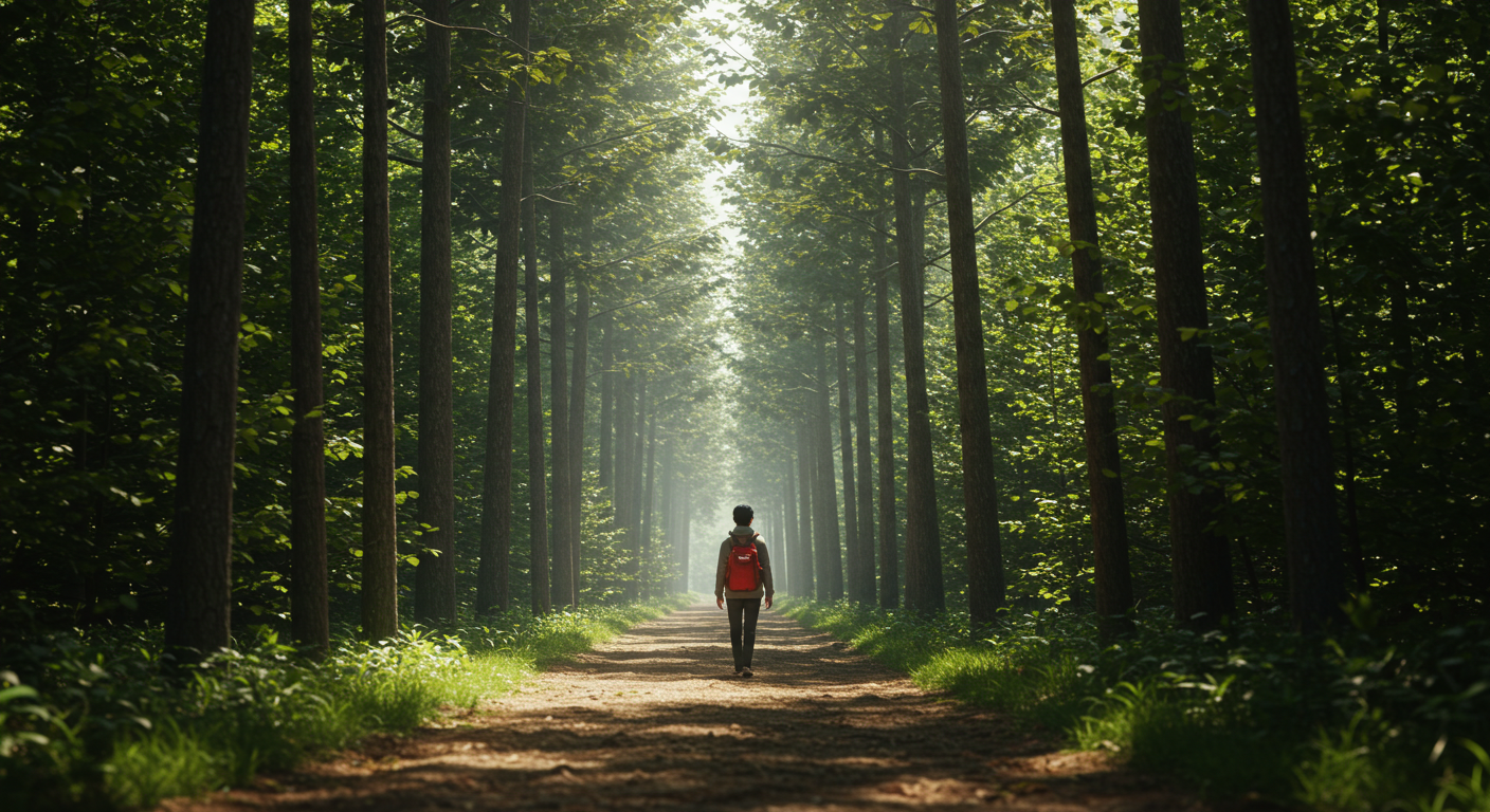 평창 대관령 숲길을 따라 산책하는 한국인