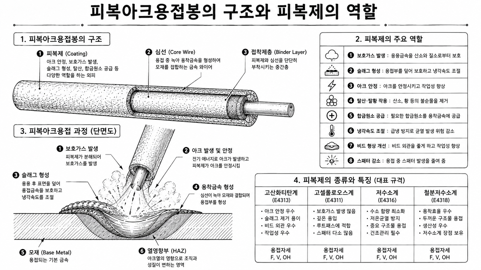 피복아크용접봉의 구조와 피복제의 역항 개념도