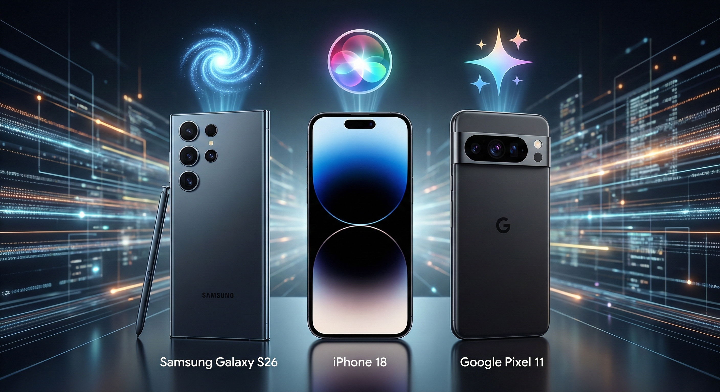 2026년 출시 예정인 갤럭시 S26, 아이폰 18, 픽셀 11 스마트폰 디자인과 각 기기의 고유한 AI 로고가 홀로그램으로 떠 있는 비교 이미지