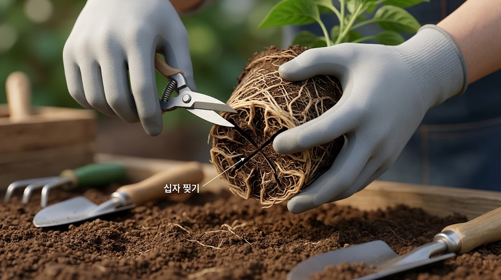 원예용 가위와 손끝을 이용해 엉킨 고추 모종 밑바닥 뿌리를 십자로 가르고 풀어주는 모습