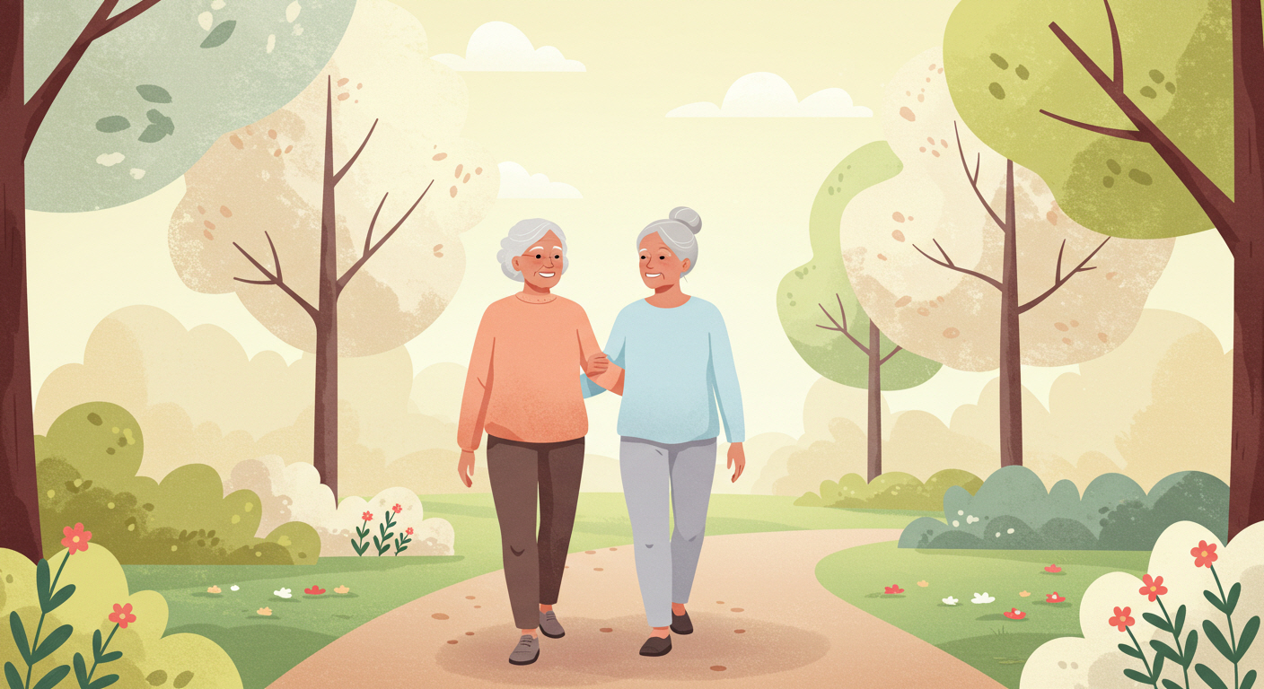 공원에서 천천히 걷는 시니어 여성들
