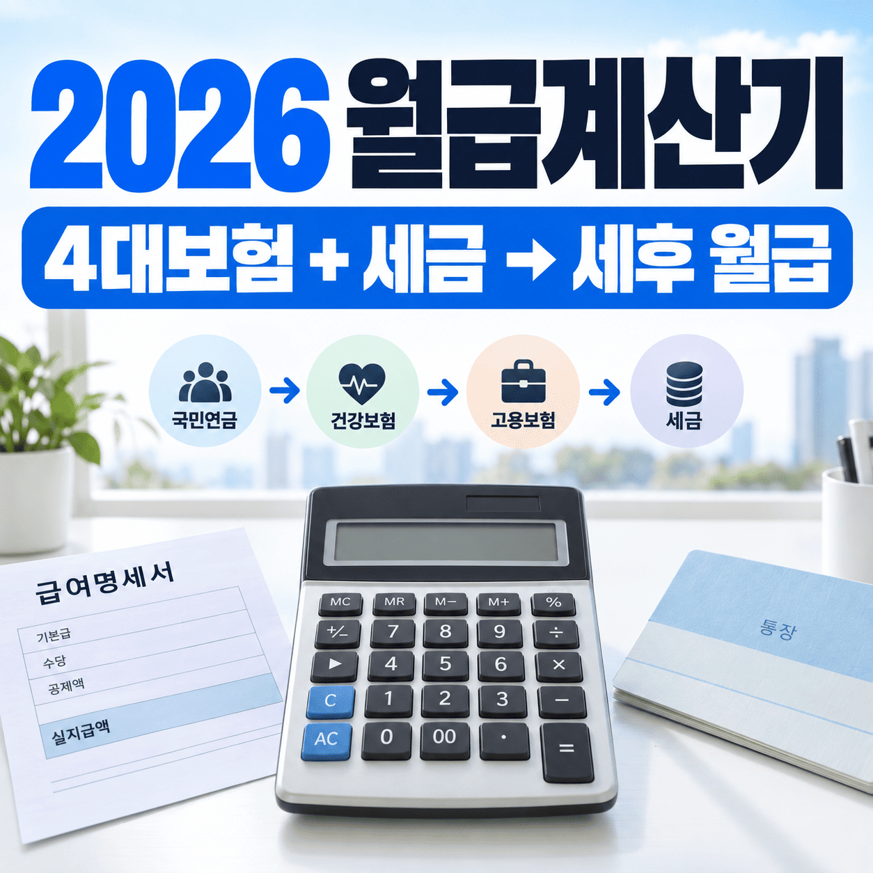 계산기와 급여명세서로 2026년 월급 공제액과 실수령액을 확인하는 장면