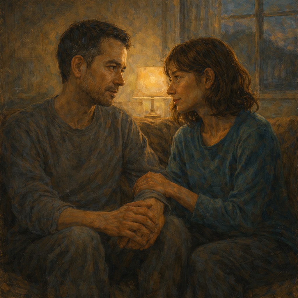 저녁의 따뜻한 조명 아래, 지친 하루 끝에서 서로의 손을 잡고 마주 앉은 부부의 모습. 고립을 지나 다시 연결되는 관계의 순간을 담은 인상주의풍 회화