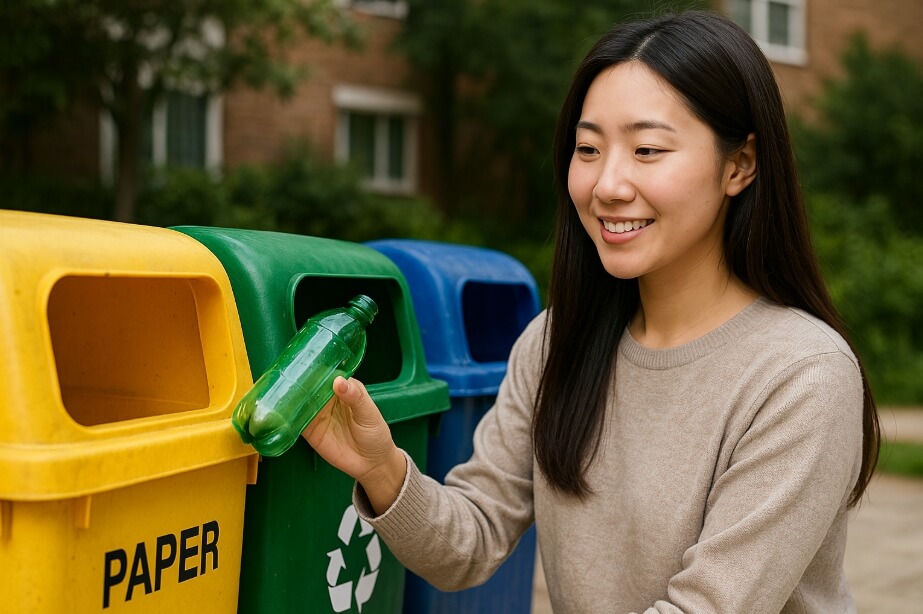여성이 녹색 플라스틱 병을 분리수거함에 버리는 모습