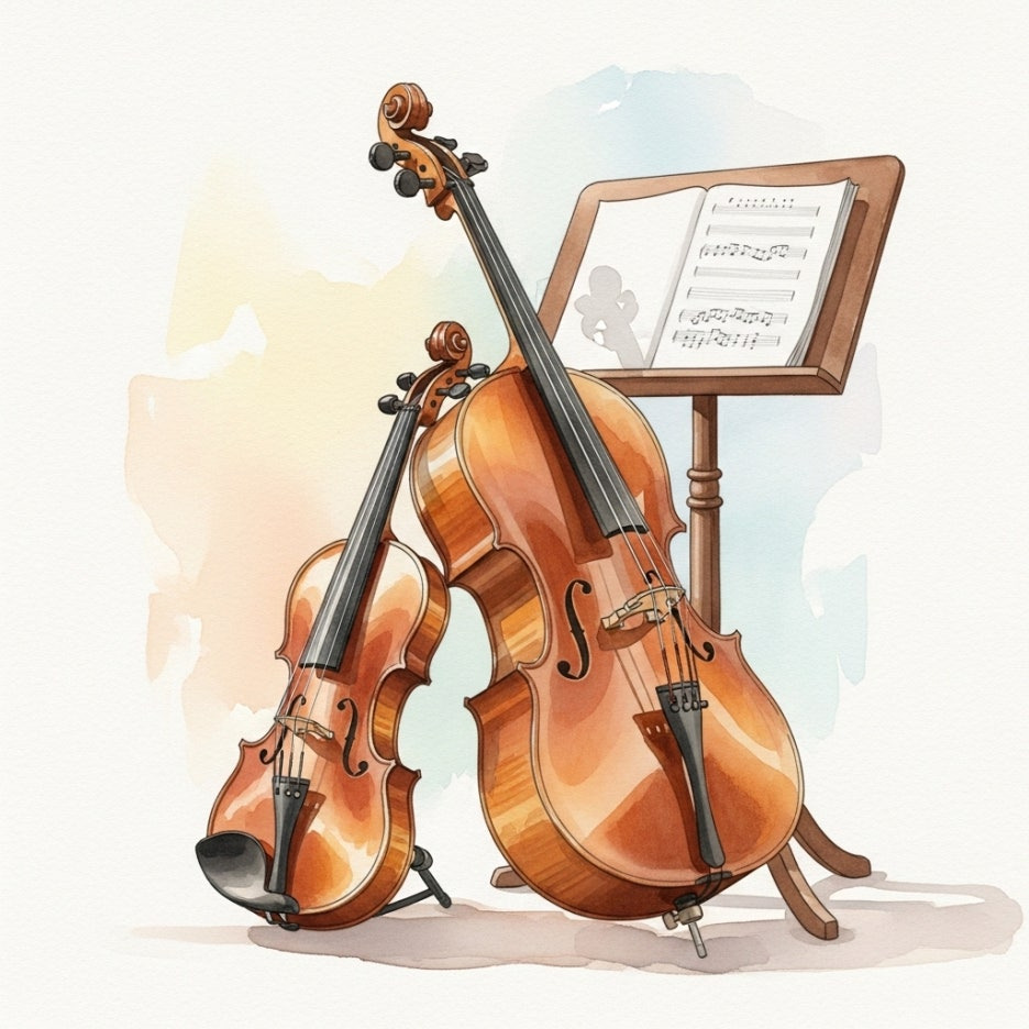악보대 옆에 놓인 바이올린과 첼로