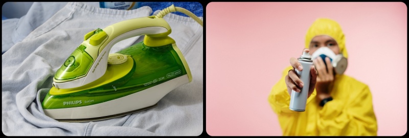 다리미와 스프레이를 사용해 껌떼는 사진입니다.