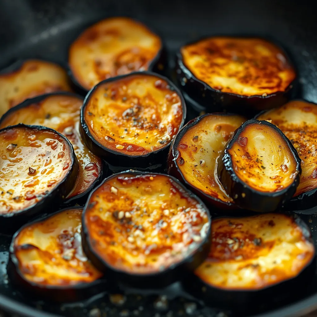 두툼하게 썰린 가지가 팬 위에서 버터에 노릇하게 구워지고, 그 위에 특제 양념이 발라져 있는 모습입니다. 고기가 아니어도 충분히 고급스러운 느낌을 줍니다.