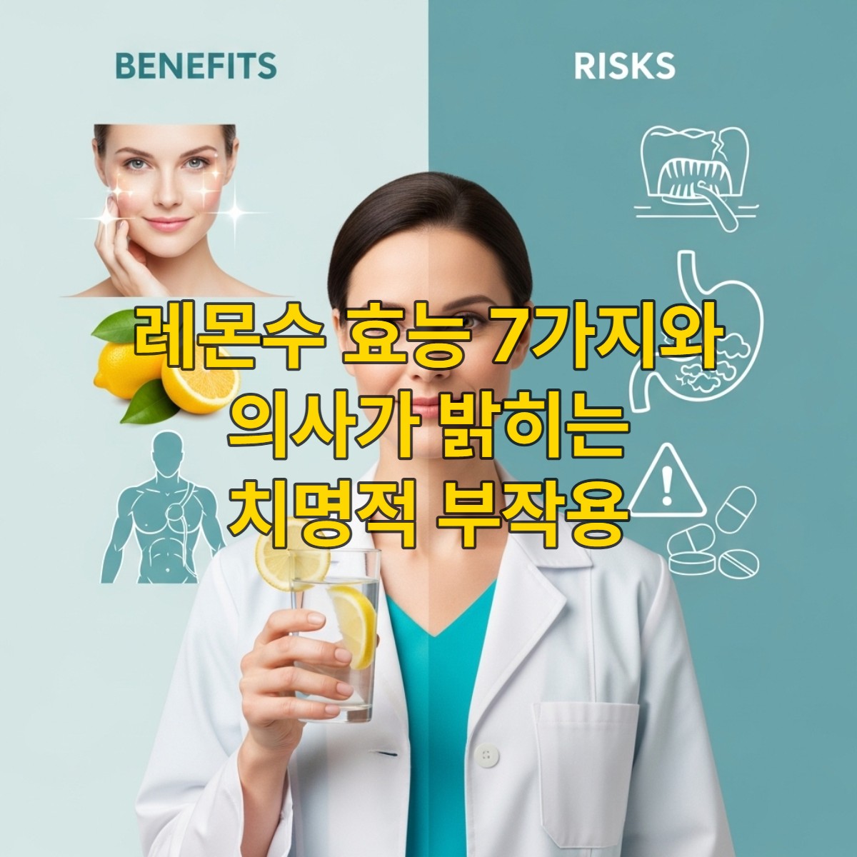 의사가 레몬수를 들고 효능과 부작용을 설명하는 모습. 치아 부식과 위산 역류 경고, 그리고 면역력 강화, 피부 미용 등 레몬수의 다양한 효능을 시각적으로 표현한 이미지.
