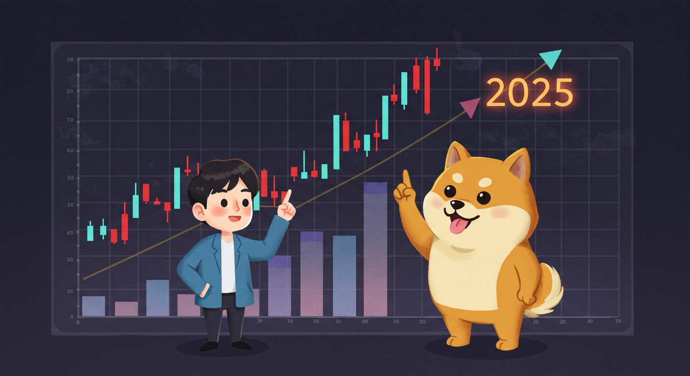2025년 도지코인 가격 전망을 상징하는 투자자와 시바견 캐릭터