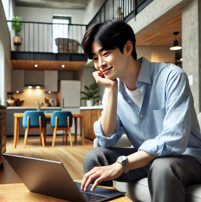 노트북으로 주거 정보를 검색하는 청년의 모습