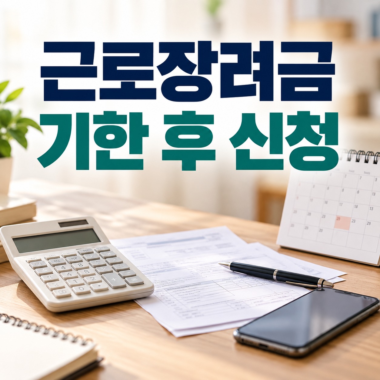 계산기와 서류, 스마트폰이 놓인 책상 위 근로장려금 기한 후 신청 안내 이미지