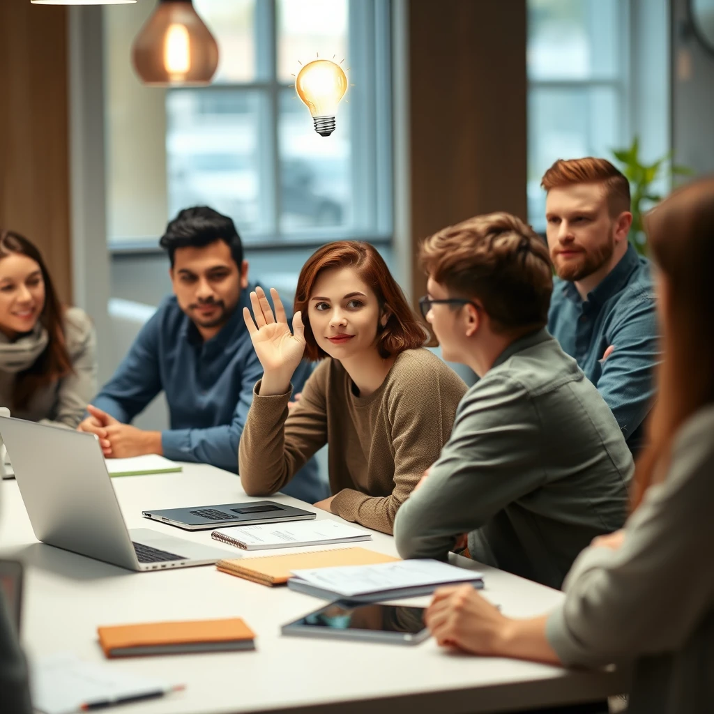 여러 사람이 회의하는 중에 한 여성이 손을 들고 의견을 말하려고 하는 모습