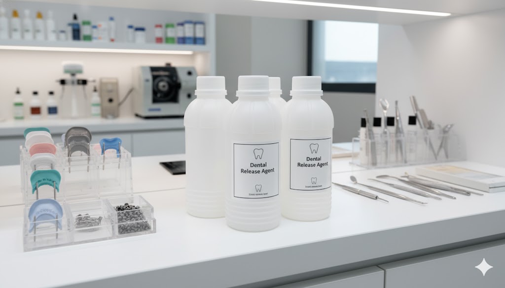 현대적인 치과 기공소 선반에 깔끔하게 정돈된 삼양플라스틱 A250 용기들. 통일된 디자인이 전문적인 제품 라인업을 완성합니다.