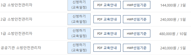 소방안전관리자1급,2급교육 요금