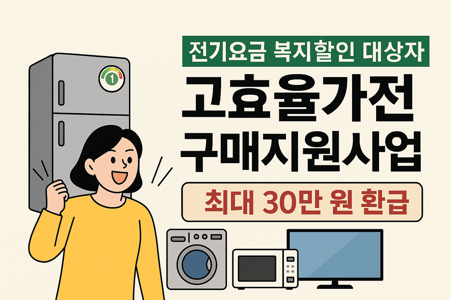 고효율가전 구매지원사업 안내 이미지 - 전기요금 복지할인 대상자, 최대 30만원 환급