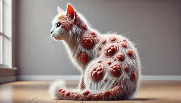 고양이 곰팡이성 피부염으로 인한 털 빠짐과 피부 붉어짐, 가려워하는 모습