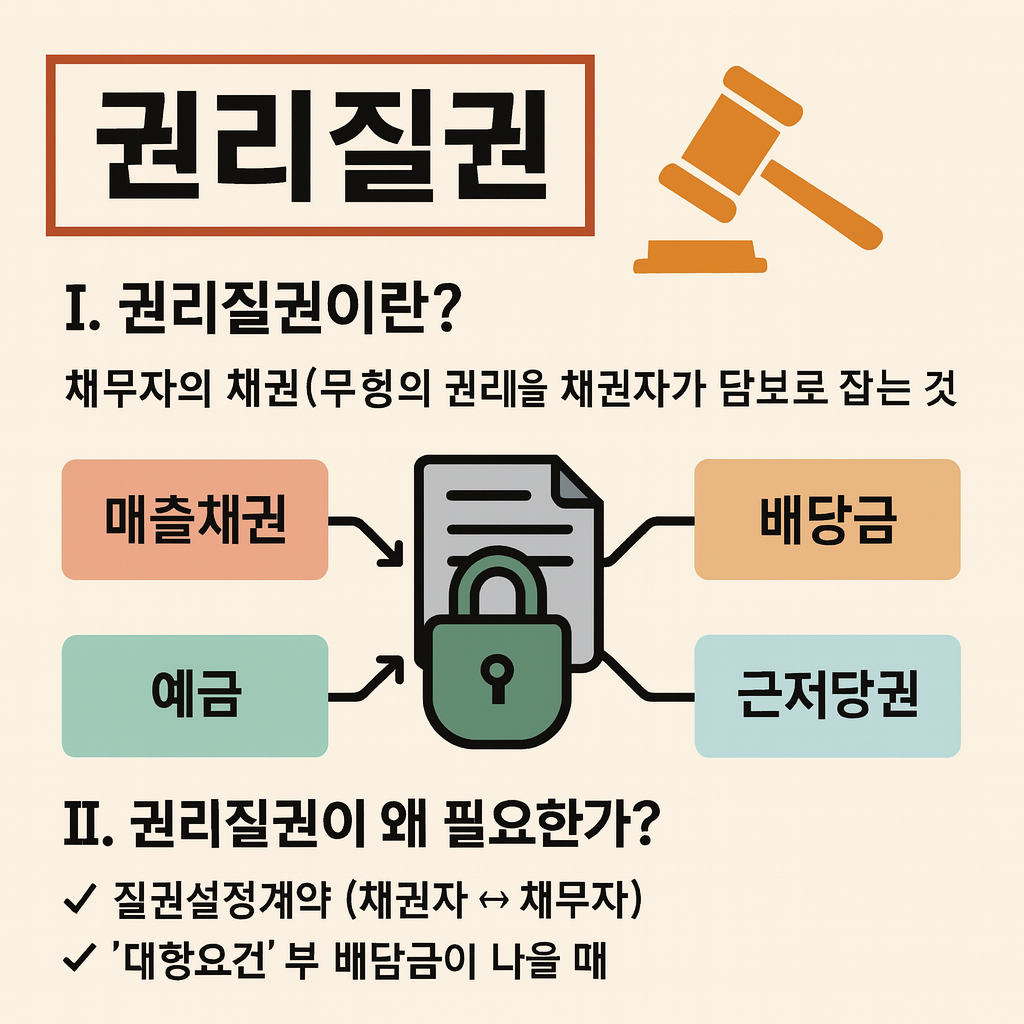 권리질권의 개념을 정리한 인포그래픽으로, 매출채권&middot;예금&middot;배당금&middot;근저당권 등 무형의 권리를 담보로 잡는 구조를 시각적으로 설명한 이미지