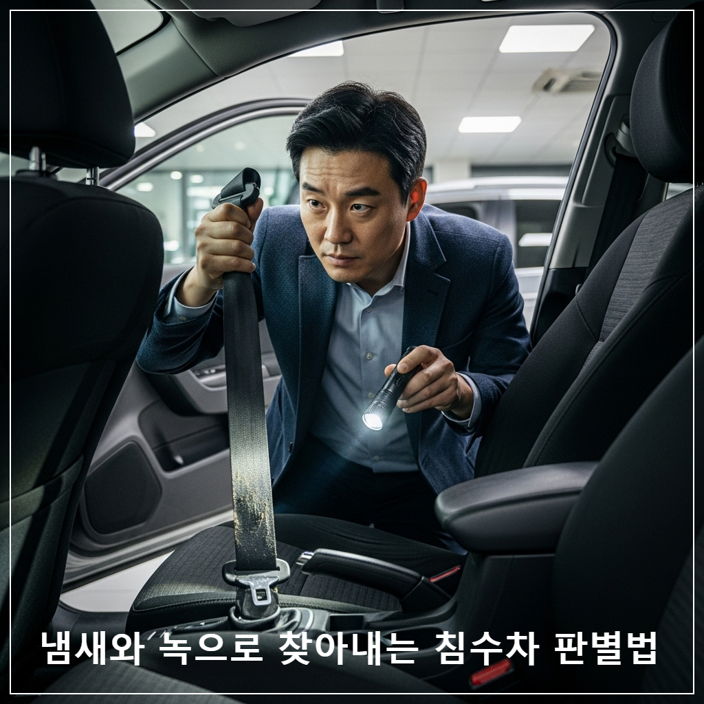 어두운 지하 주차장이나 침수 현장에서 건져 올려진 듯한 중고차를 한국인 남성 전문가가 랜턴을 비추며 안전벨트와 시트 아래를 꼼꼼히 검사하고 있는 진지한 모습