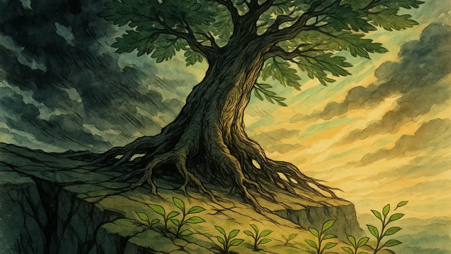 어려운 상황에서도 굳건히 서 있는 나무와 주변의 새싹들이 함께 자라나는 모습으로 회복탄력성과 성장을 상징하는 이미지