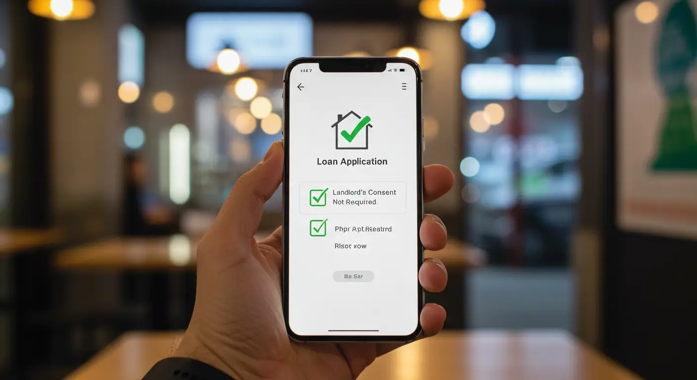 스마트폰 대출 신청 화면에 '집주인 동의 불필요' 문구가 체크 표시와 함께 떠 있는 모습
