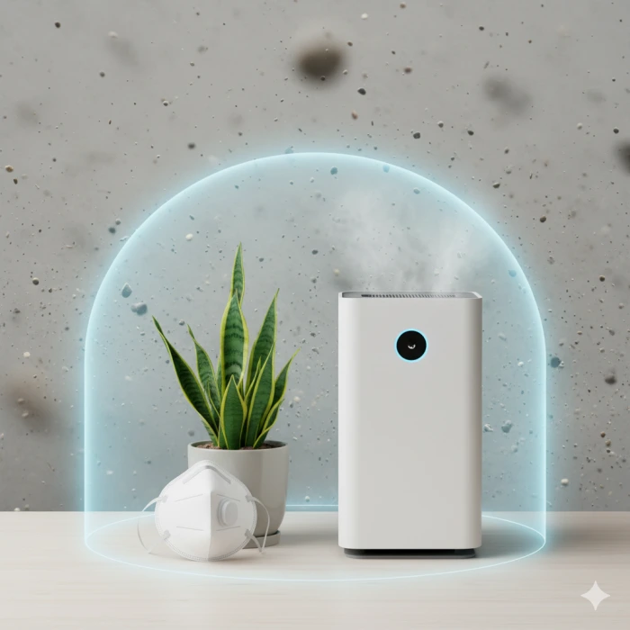 흐릿한 미세먼지 배경에 마스크, 공기청정기, 실내 식물 등 호흡기 보호를 위한 요소들이 배치된 이미지.