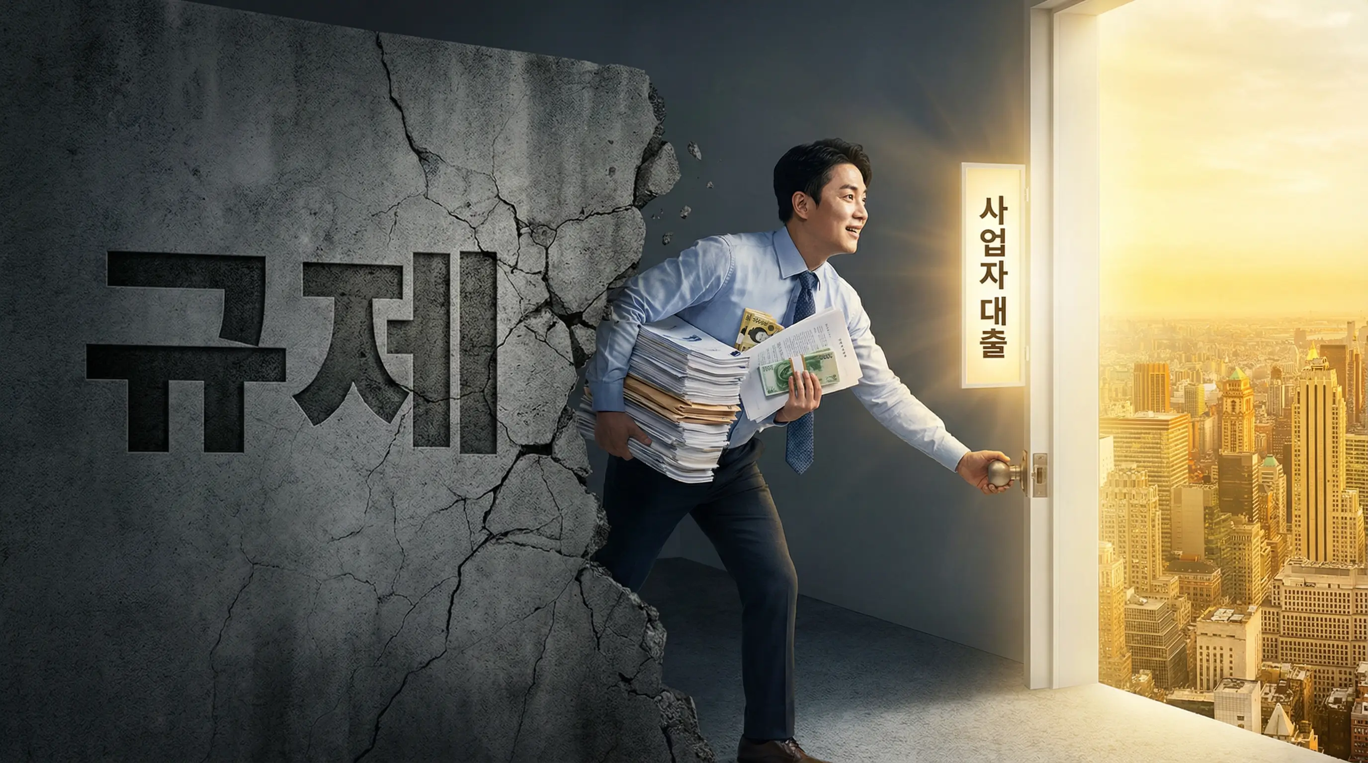 높은 규제의 벽에 막혀 답답해하던 사람이 사업자 대출이라는 새로운 문을 열고 자금을 확보하는 희망적인 모습