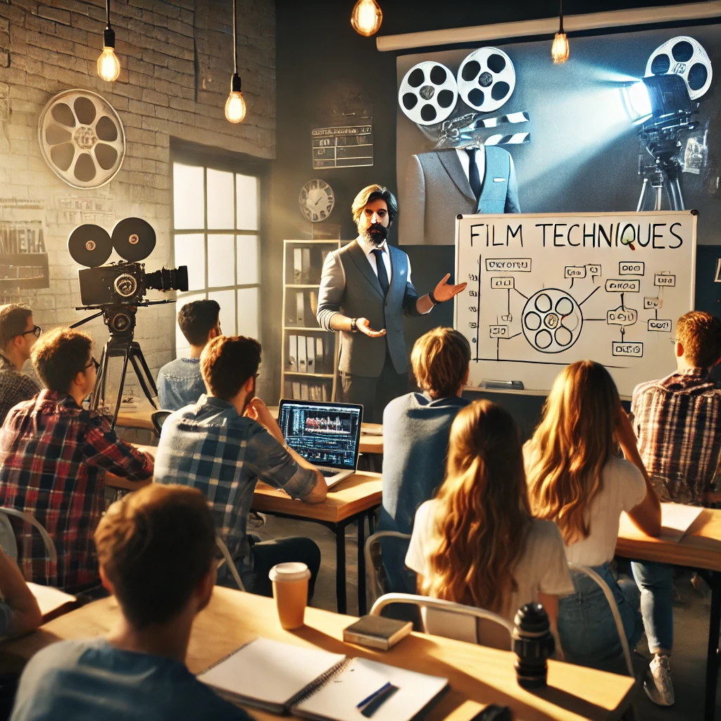교수님이 영화 전공 학생들한테 촬영 기술에 대해서 설명하고 있는 사진