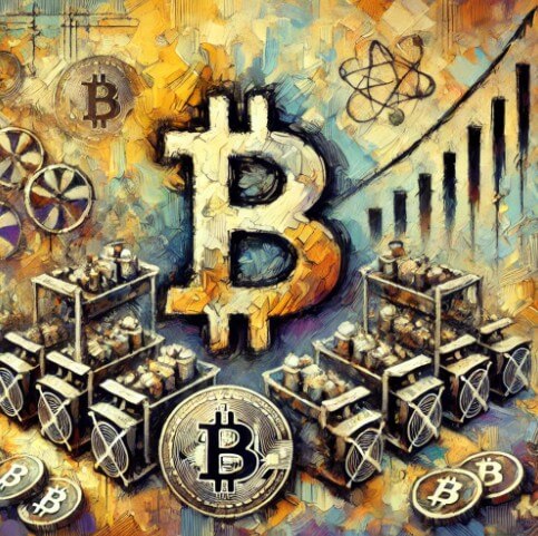 비트코인 채굴하는 기계와 비트코인을 상징적으로 그린 그림