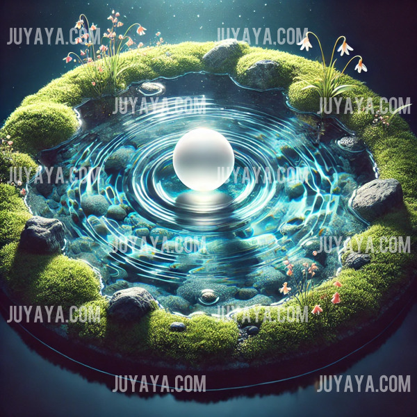 맑은 샘물 위에 떠 있는 빛나는 진주&amp;#44; 주변의 부드러운 이끼와 작은 꽃들로 고요하고 조화로운 장면을 연출