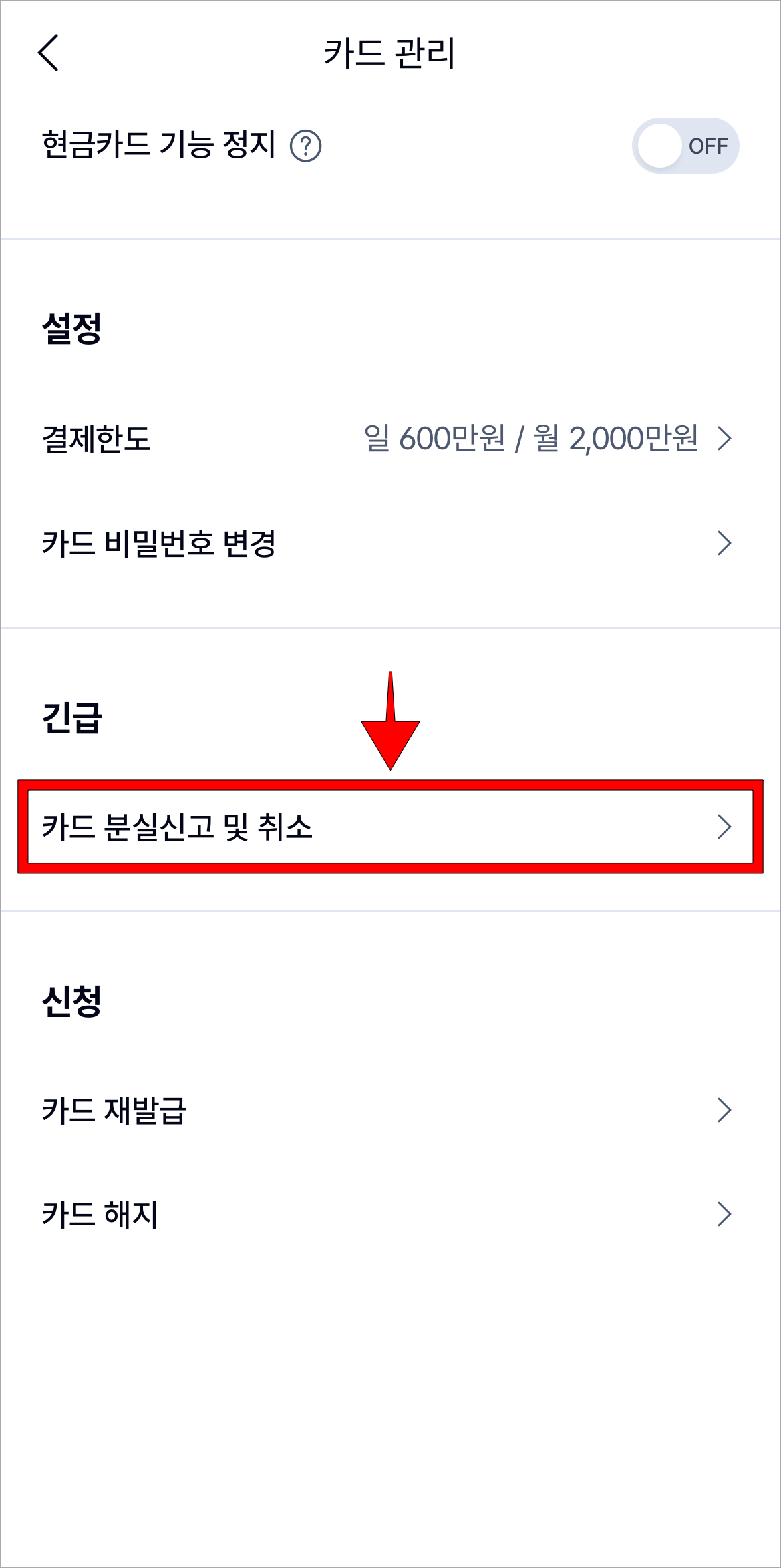 카드 관리 메뉴 중 '분실신고 및 취소'를 선택