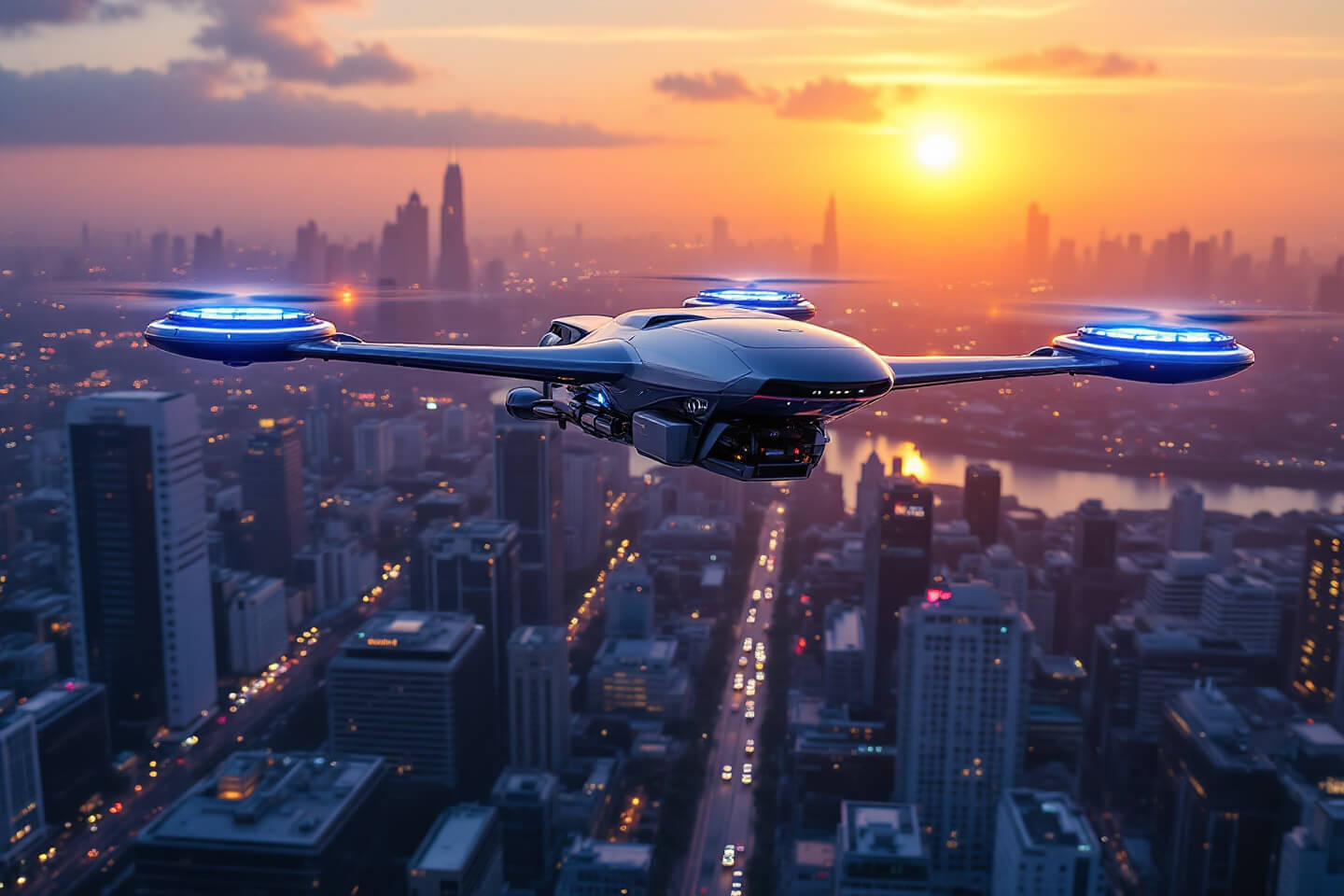 도시의 황혼 속을 비행 중인 미래형 호버바이크. 매끄러운 디자인과 푸른 빛을 발하는 회전 로터가 특징이며, 하이브리드 추진 시스템으로 구동됩니다. 호버바이크 아래는 빌딩과 강, 도로가 어우러진 복잡한 도시 풍경이 펼쳐져 있고, 석양의 따뜻한 오렌지빛이 하늘과 도시를 물들입니다
