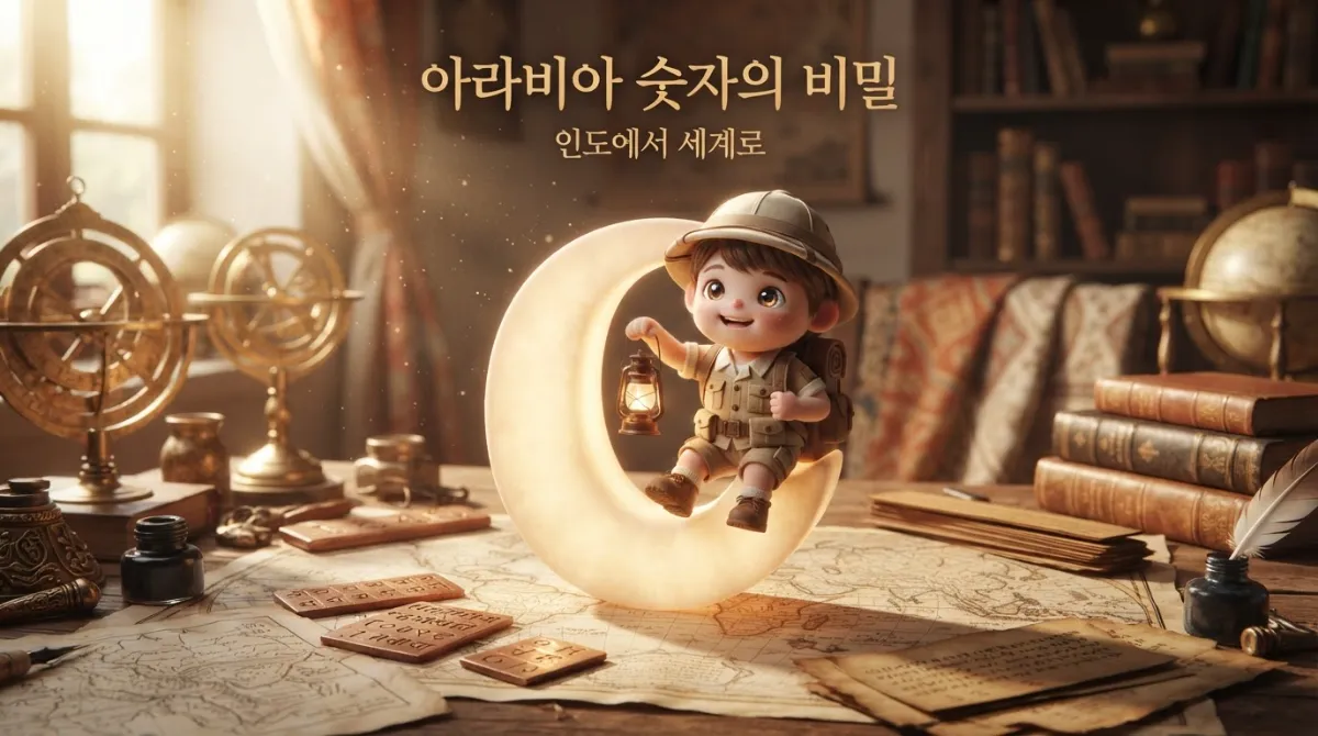 인도에서 출발해 아라비아를 거쳐 전파된 아라비아 숫자의 역사적 기원을 나타내는 서양 및 아랍 고서화 일러스트