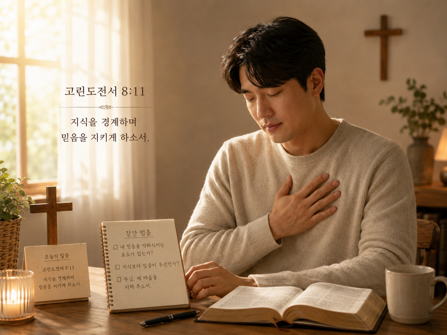 고전 8:11 말씀에서 제가 가진 지식이 저를 제가 가장 소중하고 가치있게 여기는 믿음을 약화시킬 수 있음을 기억하며, 제가 지식을 경계하며 오직 믿음이 우선순위가 있는 삶을 살아가는 자가 되도록 잠깐 멈춰서 믿음을 약화시키는 요소가 있는지 점검하는 시간을 갖는 모습입니다.