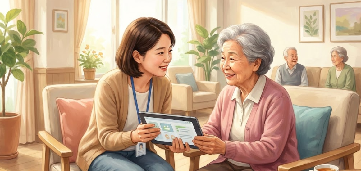 사회복지사가 태블릿을 들고 대상자와 대화