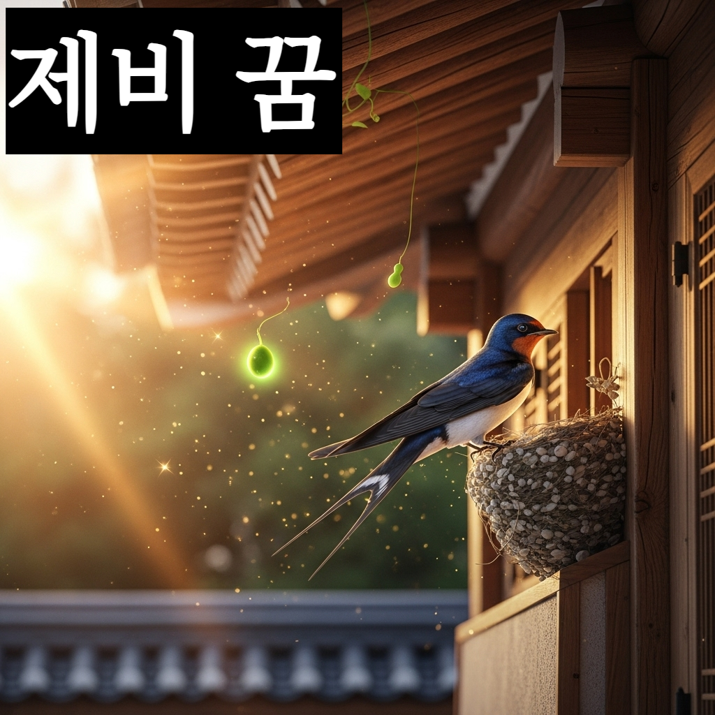 고풍스러운 한옥 처마 밑에 제비가 둥지를 짓고 있고, 주변으로 금빛 서광이 비치며 복을 상징하는 박 씨가 떨어지는 신비로운 일러스트