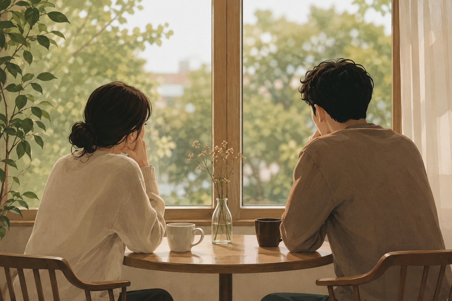 따뜻한 햇살이 들어오는 창가에서 나란히 앉아 창밖을 바라보는 남녀의 모습. 서로를 압박하지 않으면서도 함께 머무는 안정적인 관계와 회피형&middot;불안형 애착이 함께 성장하는 과정을 상징하는 일러스트.