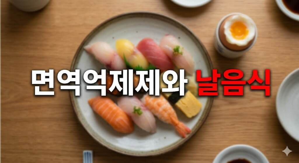 테이블 위에 놓인 생선초밥과 면역억제제와 날음식 섬네일