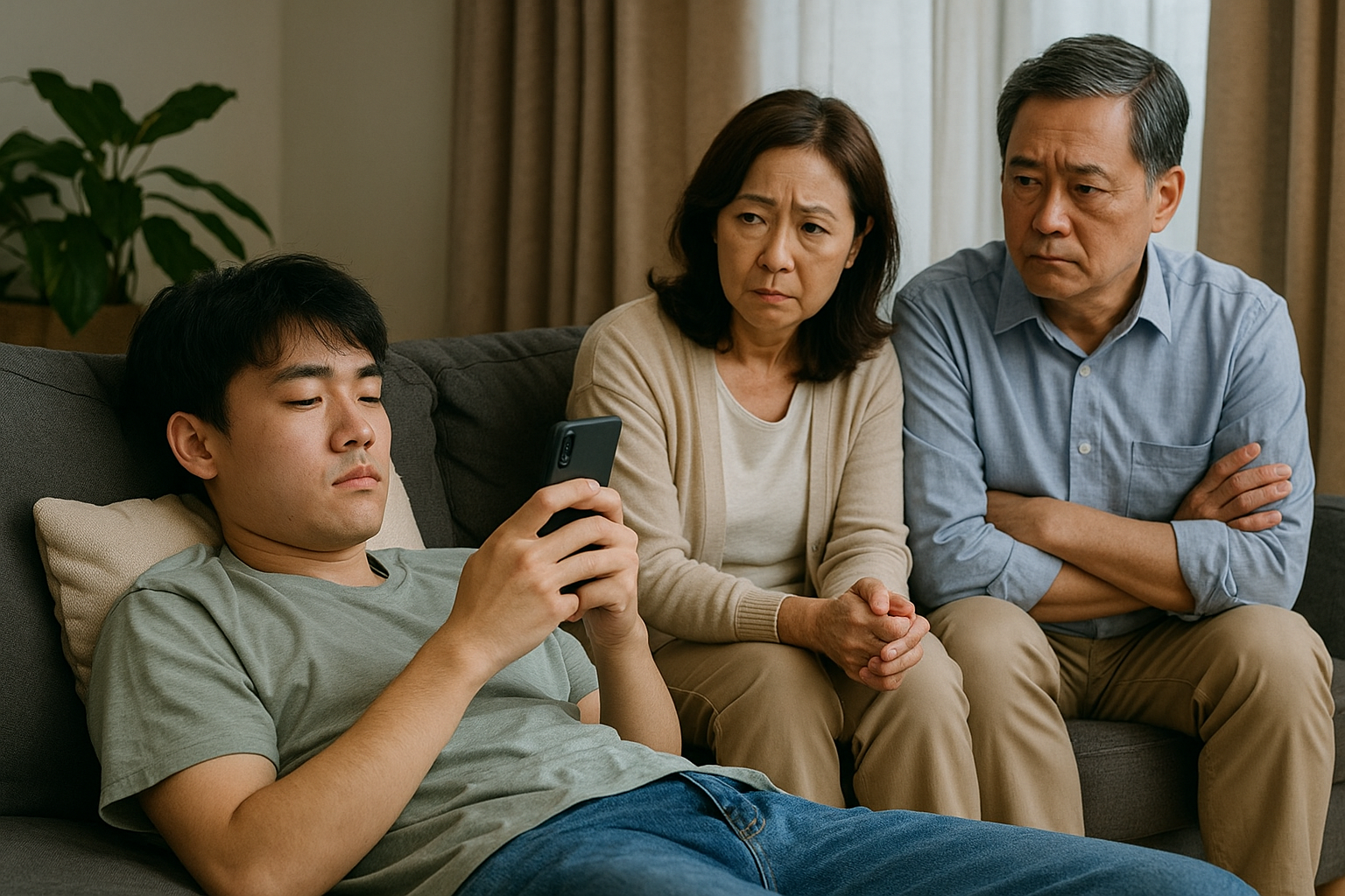 소파에 누워 핸드폰 보는 청년과 그를 걱정스럽게 바라보는 중년 부모