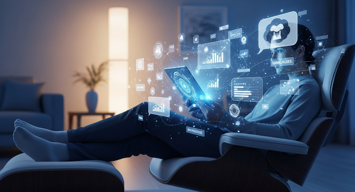 AI 기술이 독서 경험을 혁신하는 모습을 보여주는 이미지. 현대적인 공간에서 한 사람이 태블릿으로 책을 읽고 있으며, 주변에는 디지털 지식 요소들이 떠다니며 자동 정리되는 모습을 시각적으로 표현.