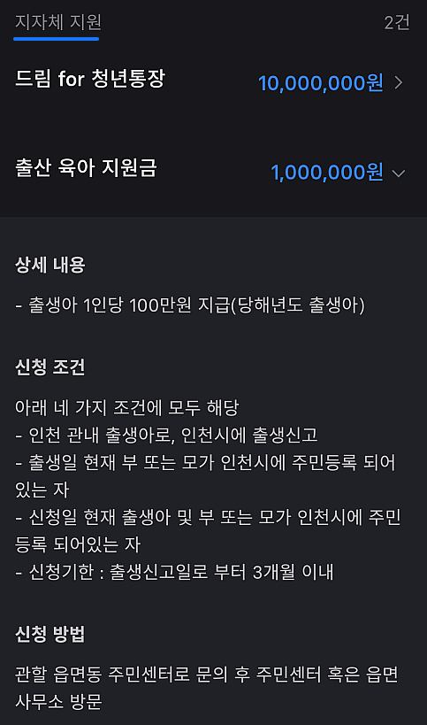 지자체 지원 내용 확인